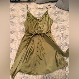 L'Academie Olive Green Satin Slip Dress with Button Front